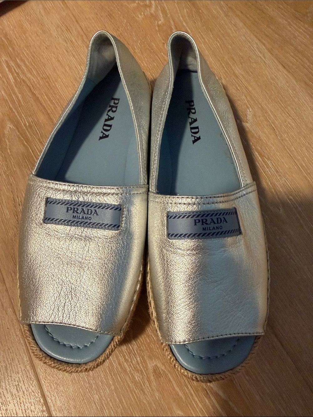 Prada Metallic Gold Espadrille Wedge Slides